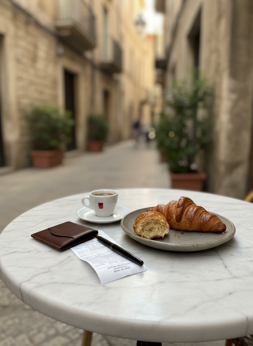 A narrow European side street café table made of weathered marble, set with a single espresso in a small white porcelain cup, a half-eaten croissant on a simple stoneware plate, and a compact leather card holder. Next to them, an unfolded paper receipt with visible but unreadable lines and a pen lying diagonally across, hinting at real-time expense tracking during the trip. The blurred background shows authentic buildings with textured stone facades and balconies, no crowds in view. Late-morning sunlight creates a soft glow and gentle reflections on the marble, with subtle bokeh from passing bicycles. Photographic realism from a slightly elevated angle, with a shallow depth of field that keeps the eye on the table details. The mood is relaxed yet intentional, a quiet moment of checking in on the travel budget without sacrificing the joy of being present on the journey.
