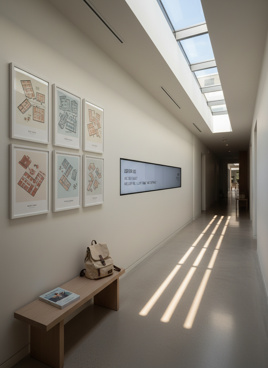 A narrow, sunlit hallway in a tastefully designed boutique hotel, photographed in realistic detail. One wall is lined with minimalist framed floor plans of the city’s neighborhoods, each featuring soft, neutral colors and clean typography, while a slim, wall-mounted digital screen quietly cycles through real-time exchange rates and average daily budgets for popular nearby experiences. The polished concrete floor reflects thin beams of late afternoon light streaming from a skylight above, creating elongated, geometric shadows. In the foreground, a simple wooden bench holds a folded city guidebook and a compact, neutral-toned backpack. Shot with a wide-angle lens and rule-of-thirds framing, the atmosphere is sophisticated, calm, and subtly educational, highlighting how smart money awareness is seamlessly woven into the travel experience without overwhelming it.