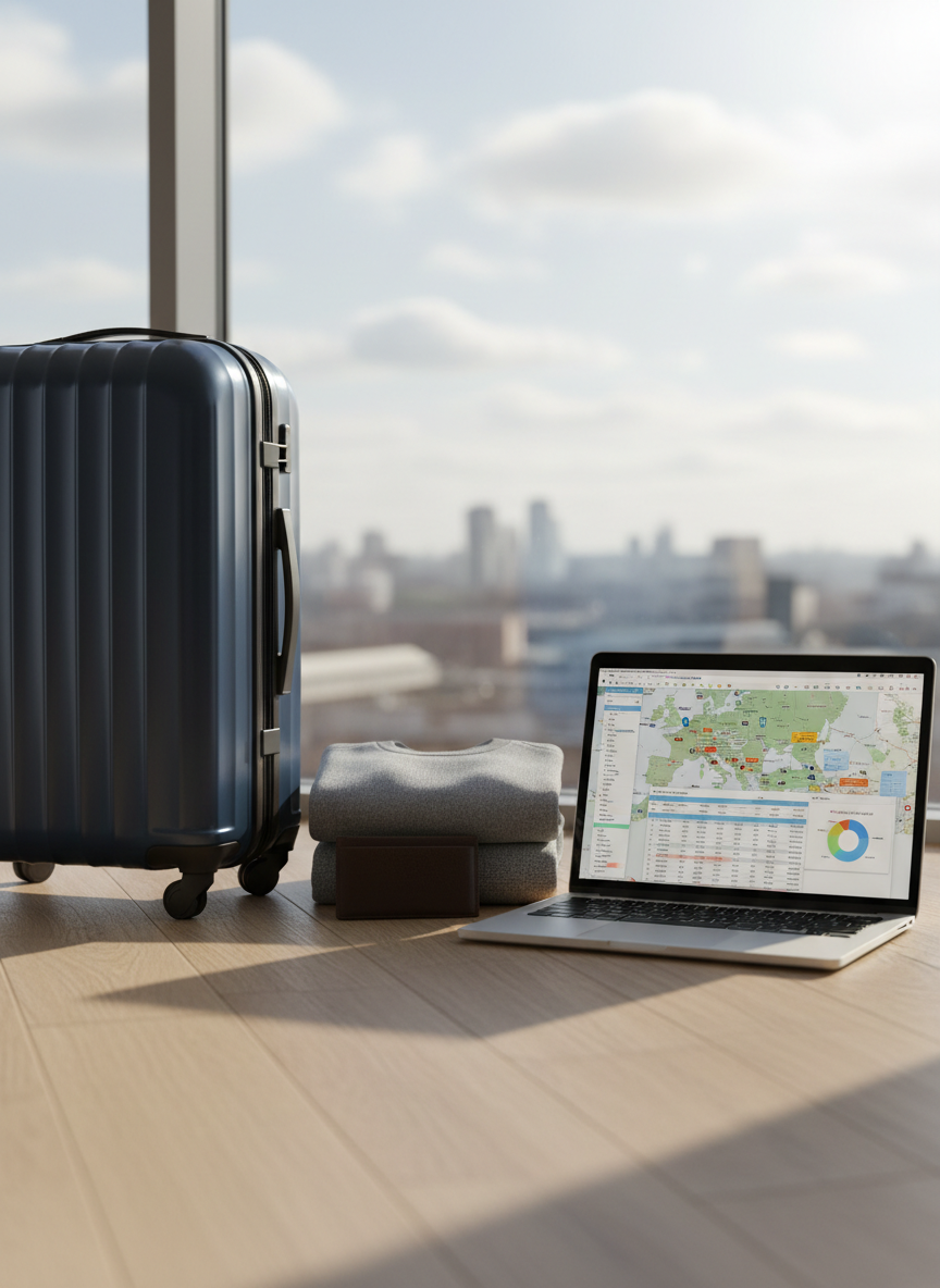 A sleek, midnight-blue hard-shell carry-on suitcase standing beside a neatly folded heather-gray cashmere sweater and a slim leather travel wallet, all arranged on a light oak floor. Next to them lies an open 13-inch laptop displaying a colorful budget spreadsheet and a digital map of Europe. Soft morning light from a nearby window falls across the scene, creating gentle shadows and subtle reflections on the suitcase’s textured surface. Photographic realism at eye level, with a shallow depth of field that keeps the focus on the items while a blurred, real-world city skyline is visible through the window. The atmosphere feels calm, organized, and quietly luxurious, embodying smart, finance-led travel planning rather than impulsive escapism.