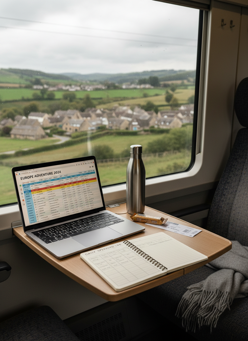 An intimate train compartment with large windows revealing a real countryside landscape of rolling hills and scattered villages in soft, overcast light. On the fold-out table, a slim laptop shows a multi-column travel spreadsheet with transport, lodging, and food categories, while a compact notebook is open to a hand-drawn daily spending log. A reusable stainless-steel water bottle, a single muesli bar, and a printed e-ticket rest nearby, emphasizing intentional, budget-conscious choices. The upholstery is a muted charcoal fabric with fine texture, and a light wool scarf is draped neatly over the seat. Photographic realism from an eye-level, side-on angle, with gentle reflections on the window glass and a shallow depth of field that keeps the focus on the planning tools. The mood is reflective and purposeful, blending movement, design, and financial clarity.