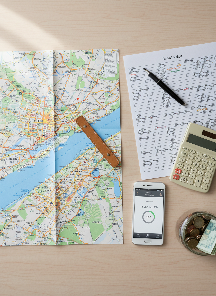 An overhead, photographic view of a wooden kitchen table transformed into a trip-planning workspace. A printed, color-coded travel budget worksheet sits beside a well-used analog calculator, a slim smartphone showing a currency conversion app, and a small glass jar partly filled with assorted foreign coins and folded bills. A real, detailed city map of Lisbon is spread underneath, with a fine-tip pen resting at the edge and a narrow leather bookmark marking a key neighborhood. Soft diffused daylight from an unseen window creates a gentle, even glow with minimal shadows. The composition uses clean, modern aesthetics with sharp focus throughout, conveying a mood of intentional, accessible planning—no clutter, no extravagance, just thoughtful, realistic preparation for a sophisticated yet attainable trip.