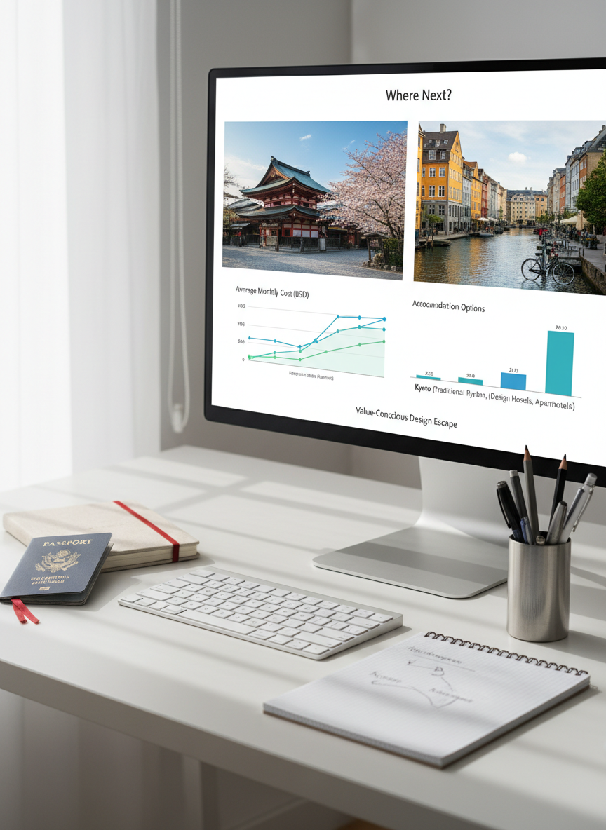 A bright, organized home office desk in photographic realism, featuring a large, ultra-thin monitor showing a detailed destination comparison: side-by-side real city images, line graphs of average costs, and a simple bar chart of accommodation options. In front of the screen sits a slim wireless keyboard, a graph-paper notepad with handwritten figures, and a weighted metal pen holder. Off to the side, a gently worn passport rests on a linen-covered travel journal with a ribbon bookmark. Natural daylight from a window outside the frame washes the scene in soft, neutral tones, creating minimal shadows and a clean, sophisticated atmosphere. Shot at eye level with a slight angle for depth, this composition feels modern and analytical yet inspiring, perfect for a finance-led traveler deciding where their next, most value-conscious design escape will be.