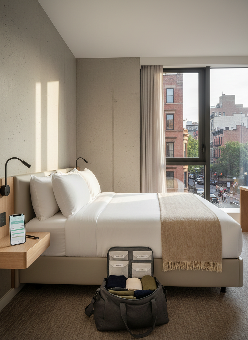 A stylish, compact hotel room with clean architectural lines, featuring a queen bed dressed in crisp white linens and a textured sand-colored throw, positioned against a pale concrete accent wall. At the foot of the bed, an open weekender bag reveals neatly rolled clothing and a slim, labeled envelope system for transportation, food, and experiences. On the minimalist bedside shelf, a smartphone shows a spending-tracker app with calm, muted colors and clear category bars. Afternoon light filters through floor-to-ceiling windows, illuminating a real urban neighborhood below instead of a distant skyline. Photographic realism with a wide-angle lens, capturing the full room in balanced, symmetrical composition. The atmosphere communicates accessible luxury: thoughtfully chosen, not lavish, and clearly organized around financial intention and mindful travel choices.