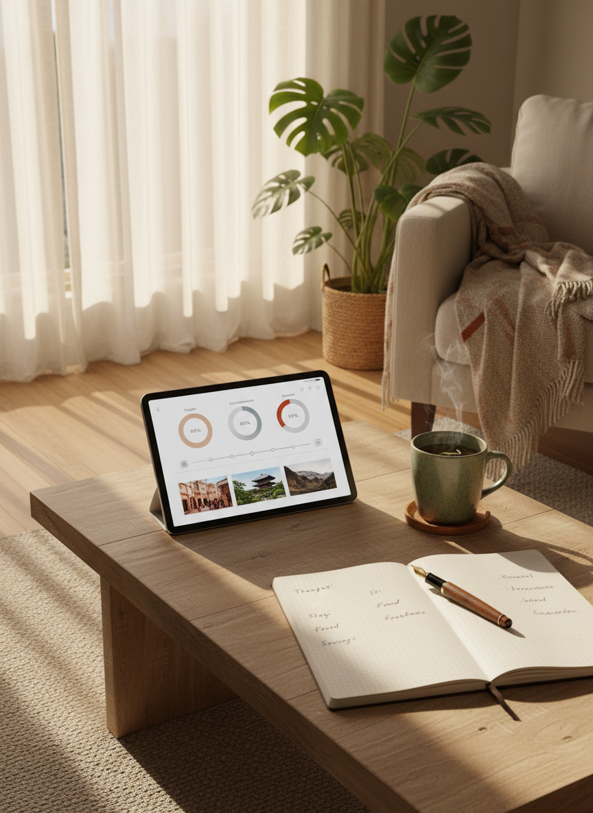 A cozy, sunlit living room corner where a low, natural-wood coffee table holds a slim tablet displaying a minimalist travel dashboard: pie charts of expenses, a simple itinerary timeline, and thumbnails of real destinations. Beside it lies an open dotted notebook with neatly drawn budget categories and a brass fountain pen resting on the page. A ceramic mug of herbal tea sits on a cork coaster, faint steam rising. Golden hour light pours through sheer curtains, casting soft, elongated shadows and warm highlights on the wood grain. Photographic realism with an eye-level composition, slightly angled to emphasize depth. The mood is serene and aspirational yet grounded, suggesting intentional living and smart financial choices that make design-forward travel both beautiful and feasible.