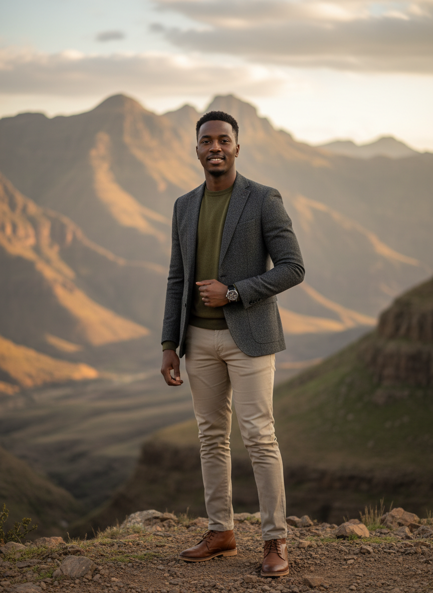 A sophisticated editorial environmental portrait of a confident young African man in his early 30s, The Finance Traveller, standing outdoors against the dramatic mountainous highland landscape of Lesotho at golden hour. He wears smart-casual premium travel attire, relaxed and self-assured, looking toward the camera. Cinematic natural light, warm muted earthy green and stone tones, shallow depth of field, premium travel media aesthetic, authentic and aspirational yet grounded. Photographic, not illustrated.
